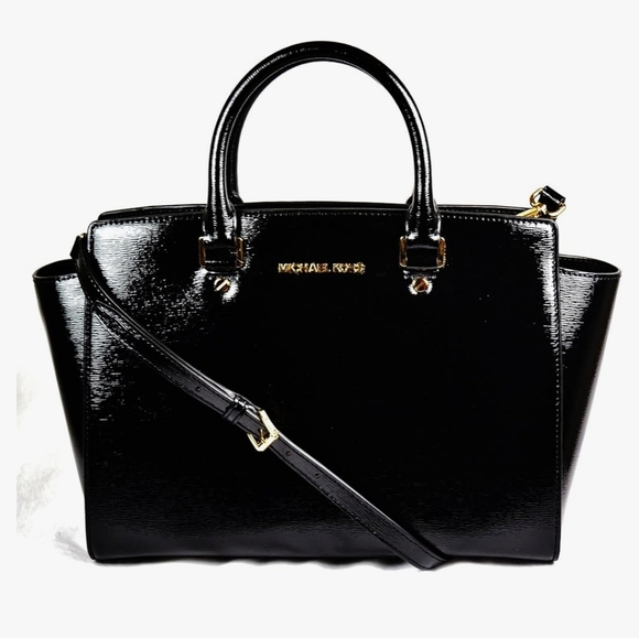 MICHAEL KHORS Selma Large Top Zip Satchel Patent Leather -Black. - Picture 1 of 14